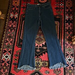 Dark Blue Flare Jeans with Frayed Hem